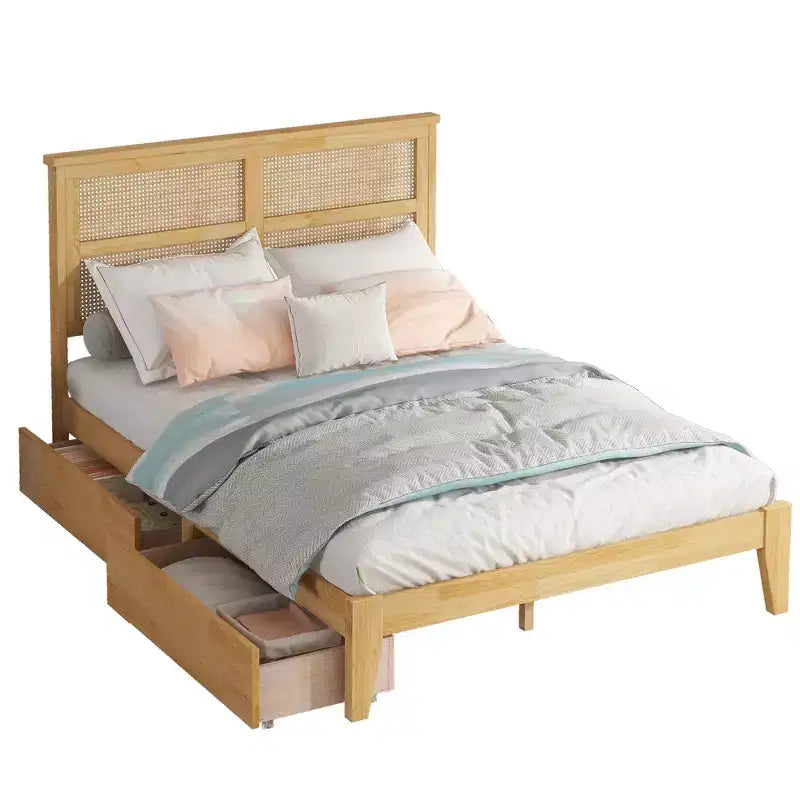 Lit plateforme avec tête de lit en rotin naturel, coloris Expresso / Chêne blanc – Double / Grand / Très grand