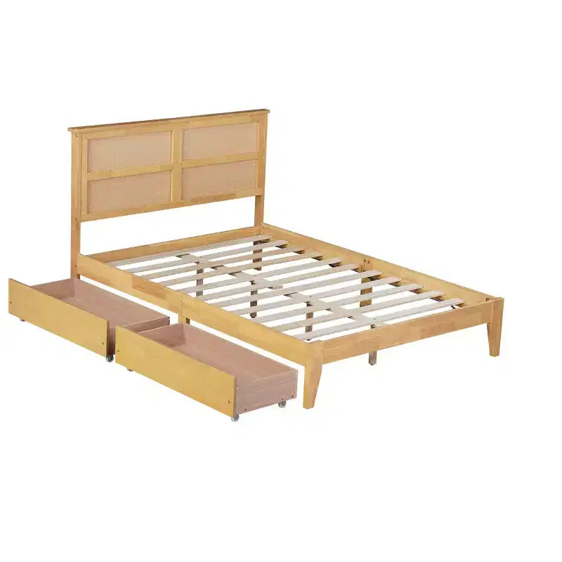Lit plateforme avec tête de lit en rotin naturel, coloris Expresso / Chêne blanc – Double / Grand / Très grand