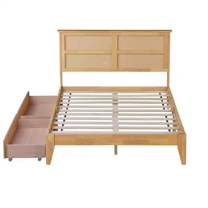 Lit plateforme avec tête de lit en rotin naturel, coloris Expresso / Chêne blanc – Double / Grand / Très grand