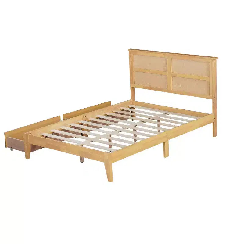 Lit plateforme avec tête de lit en rotin naturel, coloris Expresso / Chêne blanc – Double / Grand / Très grand