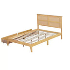 Lit plateforme avec tête de lit en rotin naturel, coloris Expresso / Chêne blanc – Double / Grand / Très grand