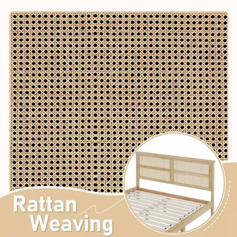Lit plateforme avec tête de lit en rotin naturel, coloris Expresso / Chêne blanc – Double / Grand / Très grand