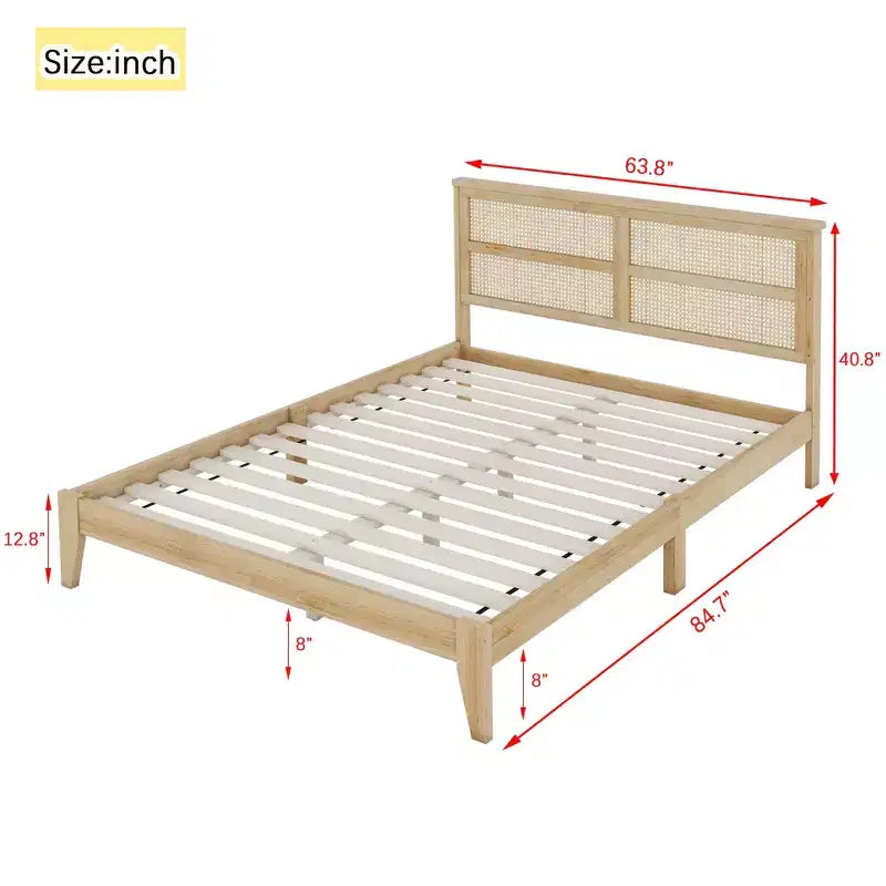 Lit plateforme avec tête de lit en rotin naturel, coloris Expresso / Chêne blanc – Double / Grand / Très grand