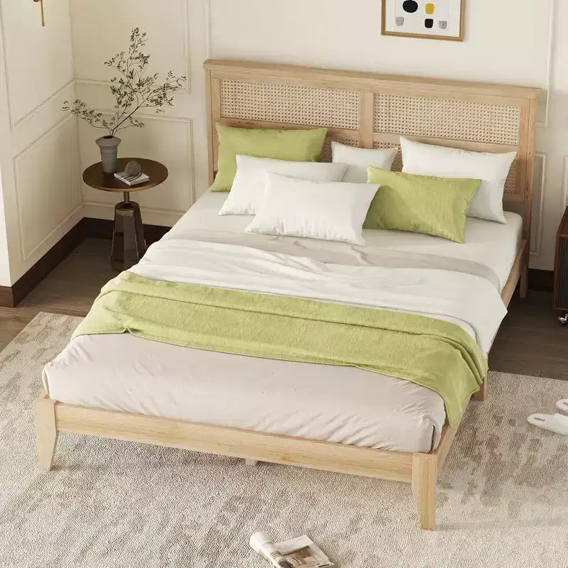 Lit plateforme avec tête de lit en rotin naturel, coloris Expresso / Chêne blanc – Double / Grand / Très grand