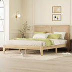 Lit plateforme avec tête de lit en rotin naturel, coloris Expresso / Chêne blanc – Double / Grand / Très grand