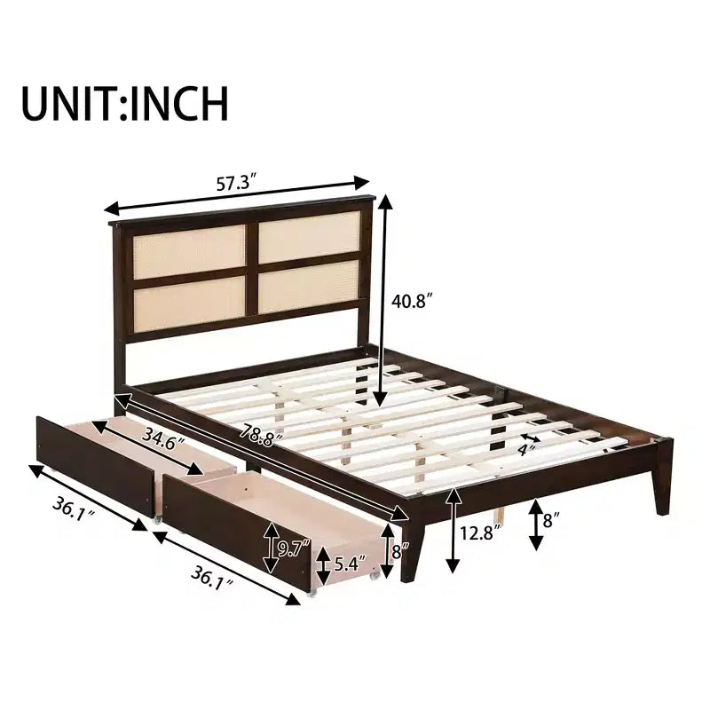 Lit plateforme avec tête de lit en rotin naturel, coloris Expresso / Chêne blanc – Double / Grand / Très grand