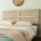 Lit plateforme avec tête de lit en rotin naturel, coloris Expresso / Chêne blanc – Double / Grand / Très grand
