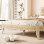 Lit plateforme avec tête de lit en rotin naturel, coloris Expresso / Chêne blanc – Double / Grand / Très grand