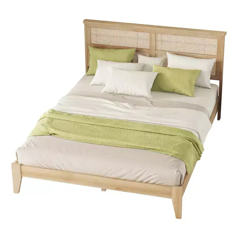 Lit plateforme avec tête de lit en rotin naturel, coloris Expresso / Chêne blanc – Double / Grand / Très grand
