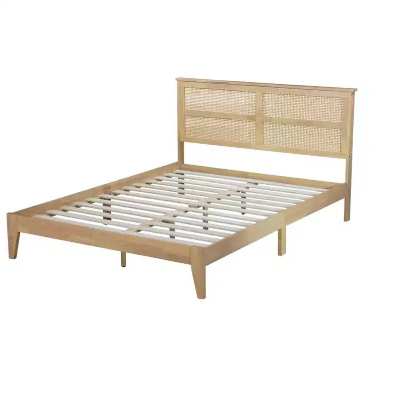 Lit plateforme avec tête de lit en rotin naturel, coloris Expresso / Chêne blanc – Double / Grand / Très grand
