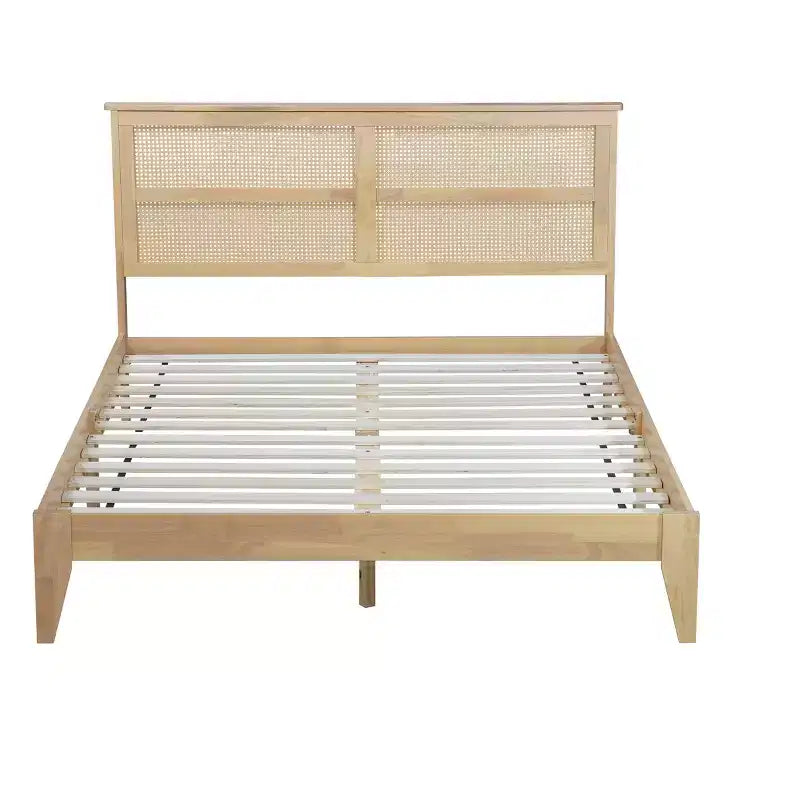 Lit plateforme avec tête de lit en rotin naturel, coloris Expresso / Chêne blanc – Double / Grand / Très grand