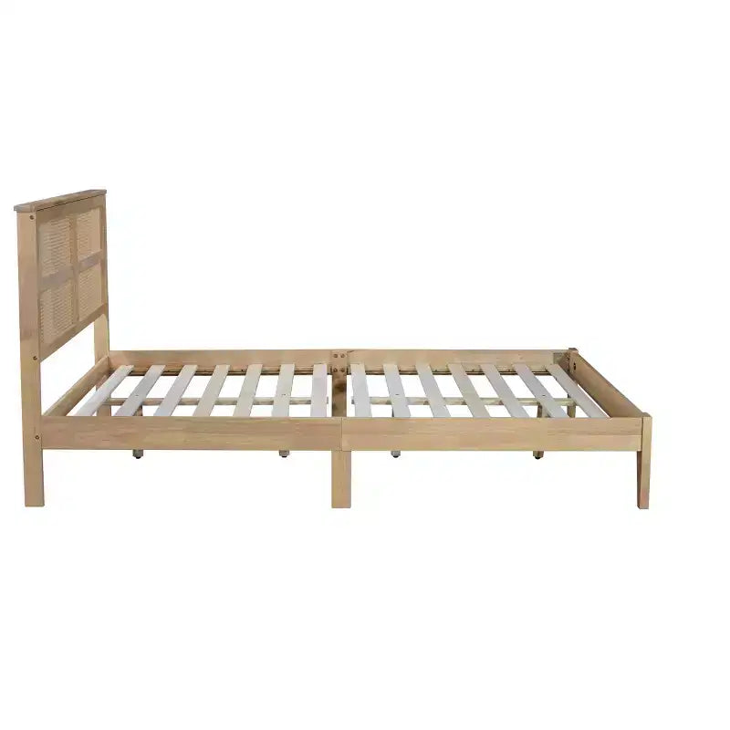Lit plateforme avec tête de lit en rotin naturel, coloris Expresso / Chêne blanc – Double / Grand / Très grand