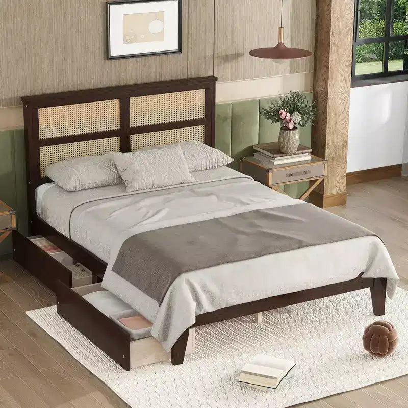 Lit plateforme avec tête de lit en rotin naturel, coloris Expresso / Chêne blanc – Double / Grand / Très grand