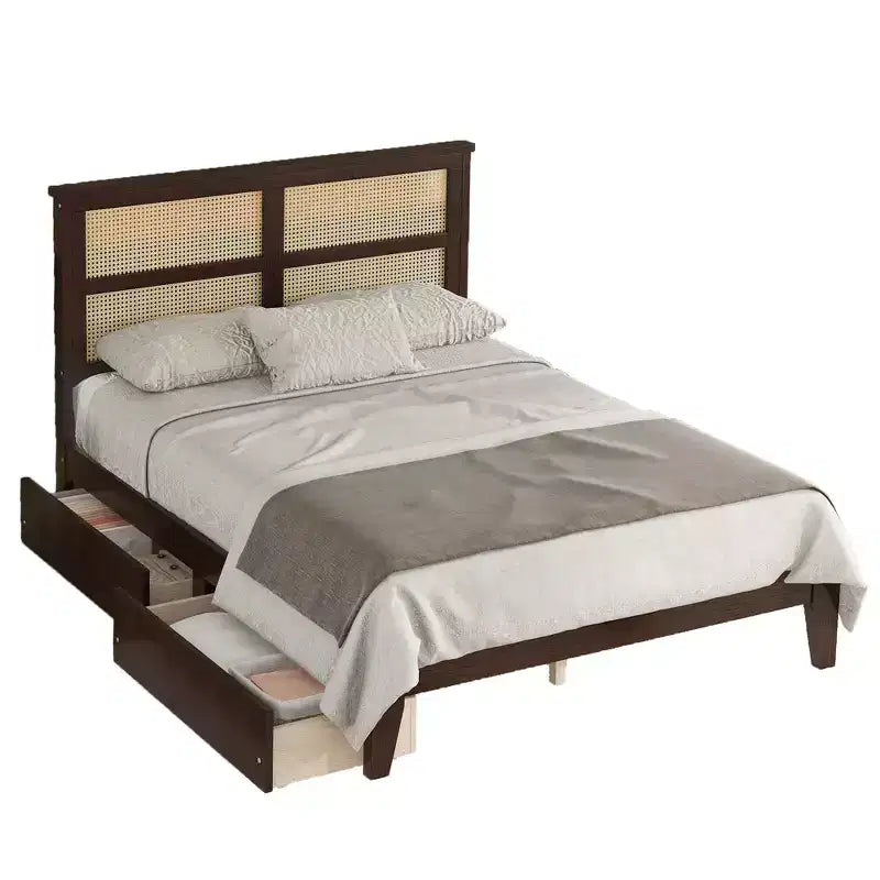 Lit plateforme avec tête de lit en rotin naturel, coloris Expresso / Chêne blanc – Double / Grand / Très grand