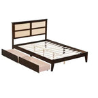 Lit plateforme avec tête de lit en rotin naturel, coloris Expresso / Chêne blanc – Double / Grand / Très grand