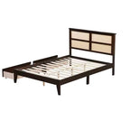 Lit plateforme avec tête de lit en rotin naturel, coloris Expresso / Chêne blanc – Double / Grand / Très grand