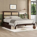 Full/Queen/King Size Platform Bed with Rattan Headboard, Wood Farmhouse Rattan Bed for Bedroom