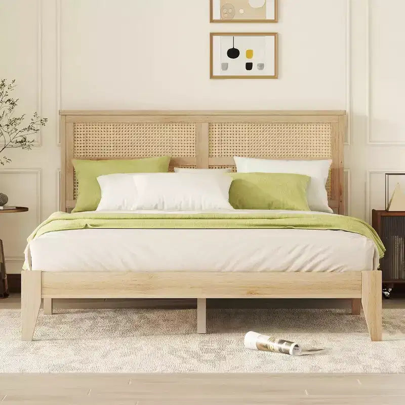 Lit plateforme avec tête de lit en rotin naturel, coloris Expresso / Chêne blanc – Double / Grand / Très grand