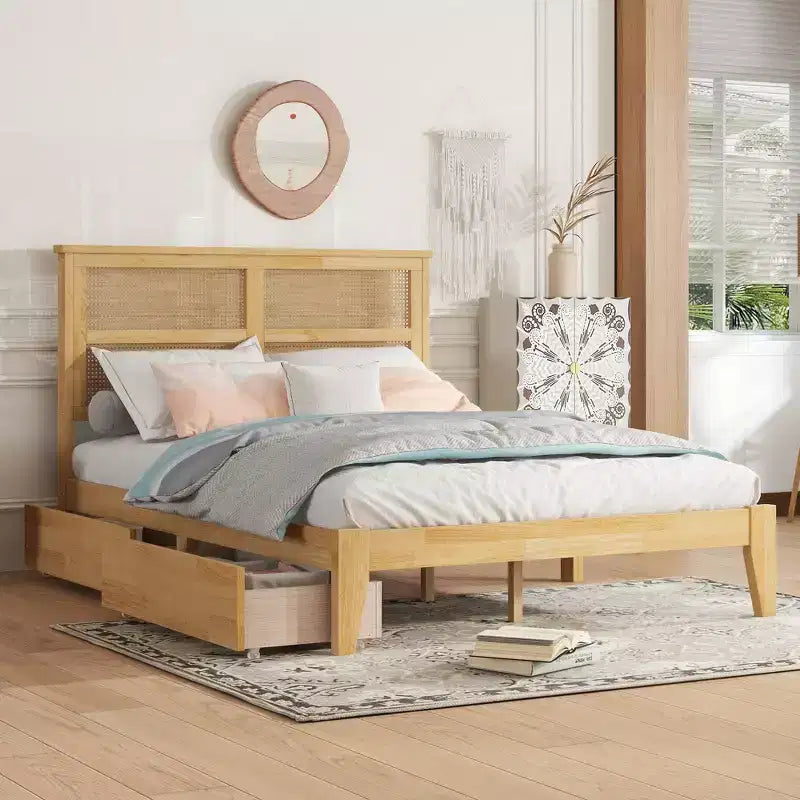 Lit plateforme avec tête de lit en rotin naturel, coloris Expresso / Chêne blanc – Double / Grand / Très grand