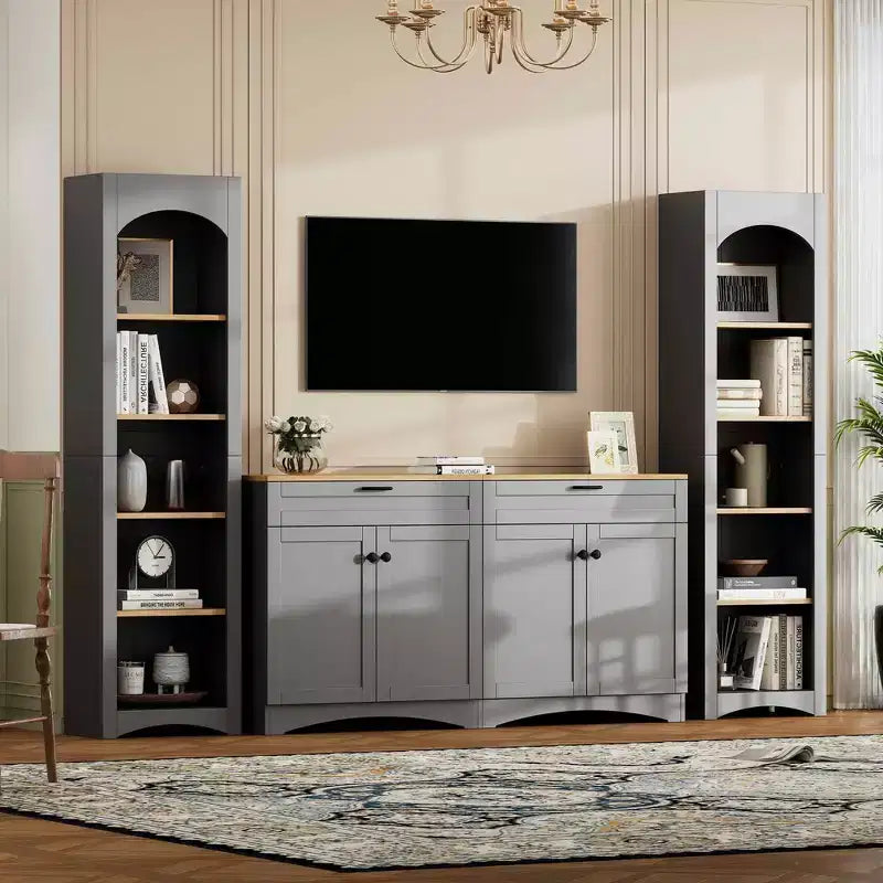 Meuble TV de ferme 3 pièces noir/gris, style Mid-Century, convient aux téléviseurs jusqu'à 70 po