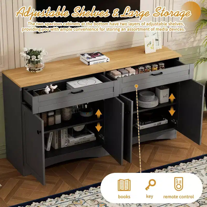Meuble TV de ferme 3 pièces noir/gris, style Mid-Century, convient aux téléviseurs jusqu'à 70 po