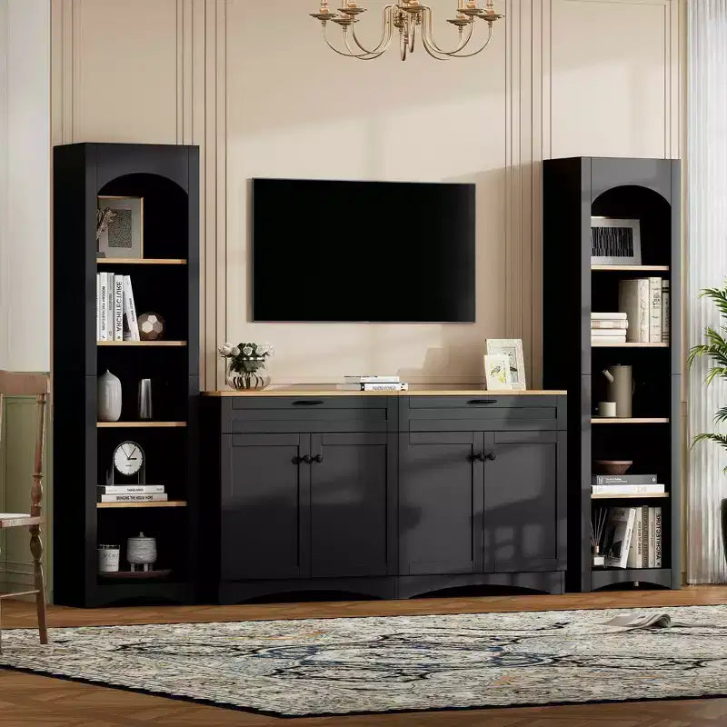 Meuble TV de ferme 3 pièces noir/gris, style Mid-Century, convient aux téléviseurs jusqu'à 70 po