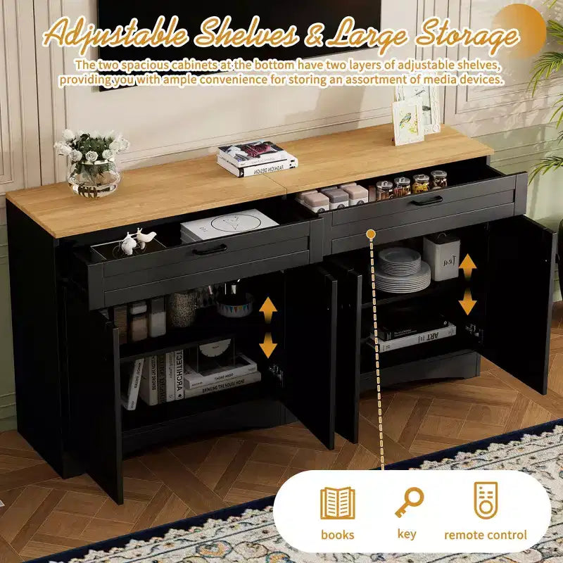 Meuble TV de ferme 3 pièces noir/gris, style Mid-Century, convient aux téléviseurs jusqu'à 70 po