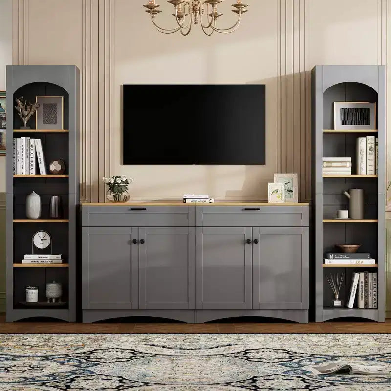 Meuble TV de ferme 3 pièces noir/gris, style Mid-Century, convient aux téléviseurs jusqu'à 70 po