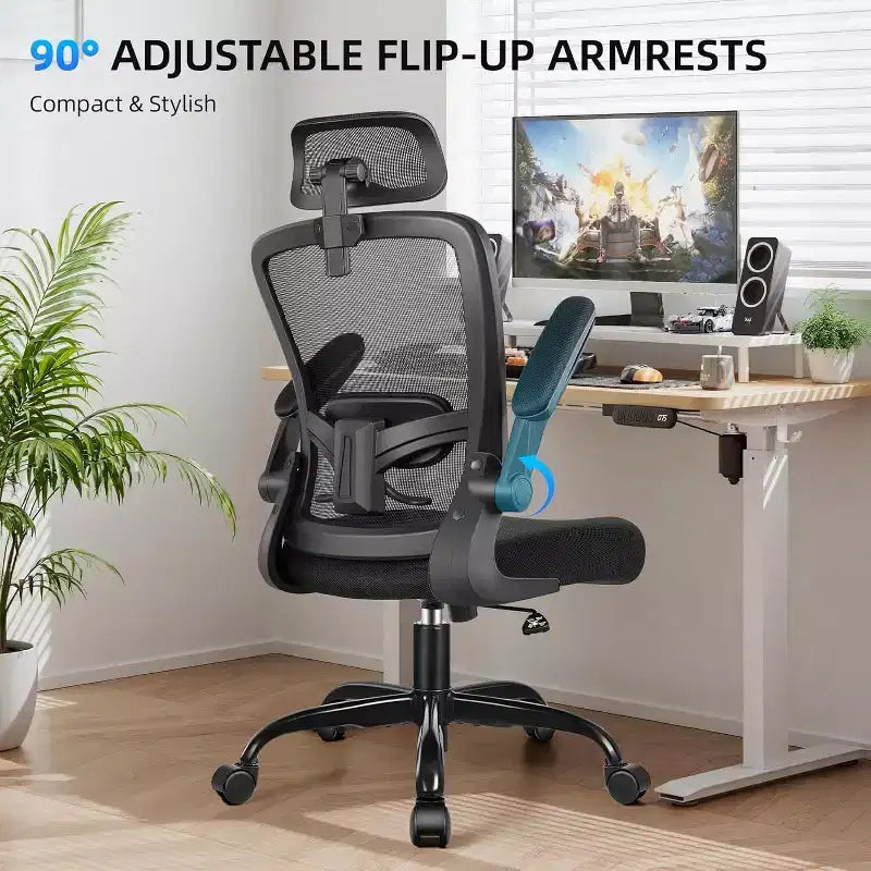 Chaise de bureau noire en maille à dossier haut, simple