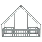 Lit de sol de style maison avec barrières de sécurité, jumeau, gris/naturel/blanc, pour 1 enfant
