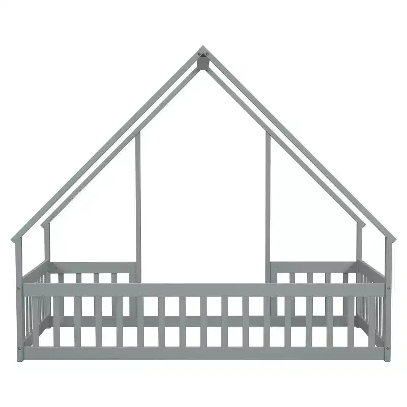 Lit de sol de style maison avec barrières de sécurité, jumeau, gris/naturel/blanc, pour 1 enfant