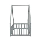 Lit de sol de style maison avec barrières de sécurité, jumeau, gris/naturel/blanc, pour 1 enfant