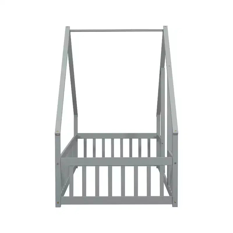 Lit de sol de style maison avec barrières de sécurité, jumeau, gris/naturel/blanc, pour 1 enfant