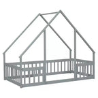Lit de sol de style maison avec barrières de sécurité, jumeau, gris/naturel/blanc, pour 1 enfant