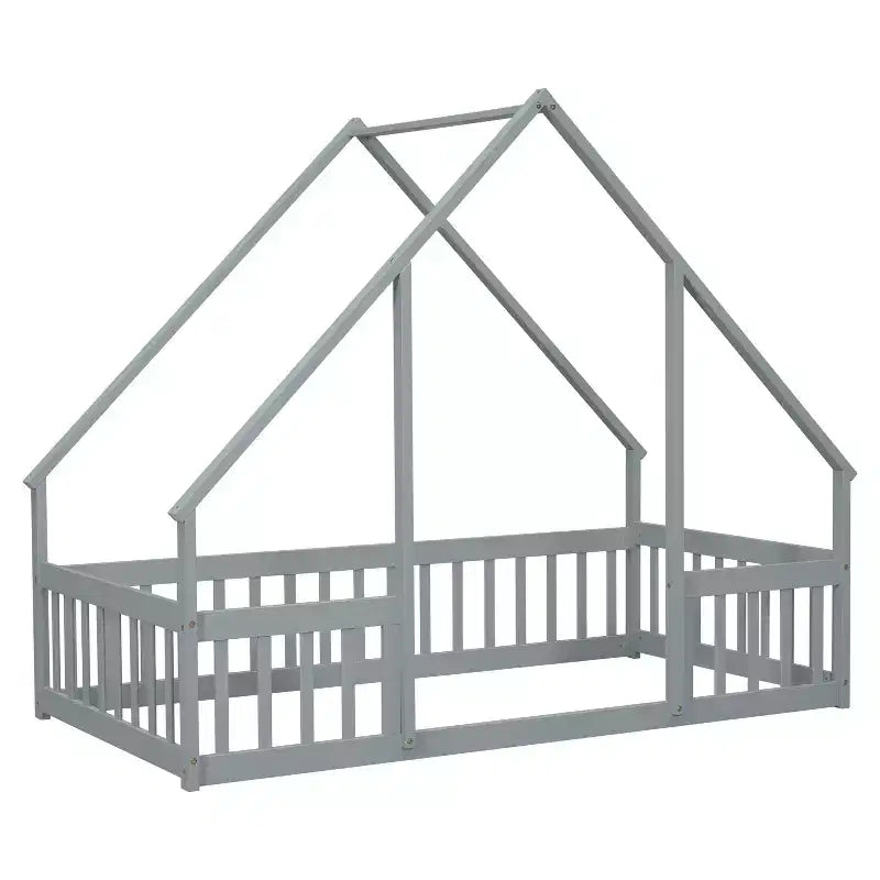 Lit de sol de style maison avec barrières de sécurité, jumeau, gris/naturel/blanc, pour 1 enfant