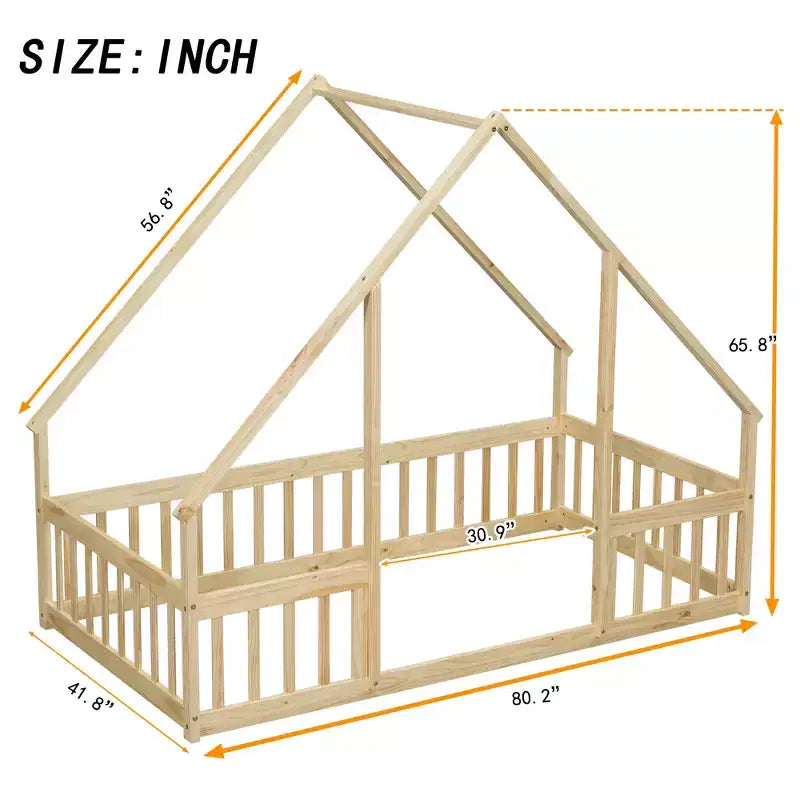 Lit de sol de style maison avec barrières de sécurité, jumeau, gris/naturel/blanc, pour 1 enfant