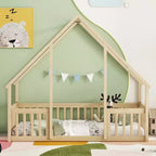 Lit de sol de style maison avec barrières de sécurité, jumeau, gris/naturel/blanc, pour 1 enfant