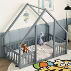 Lit de sol de style maison avec barrières de sécurité, jumeau, gris/naturel/blanc, pour 1 enfant