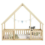 Lit de sol de style maison avec barrières de sécurité, jumeau, gris/naturel/blanc, pour 1 enfant