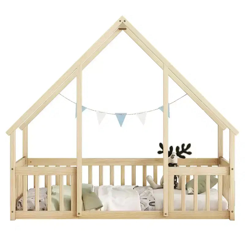 Lit de sol de style maison avec barrières de sécurité, jumeau, gris/naturel/blanc, pour 1 enfant