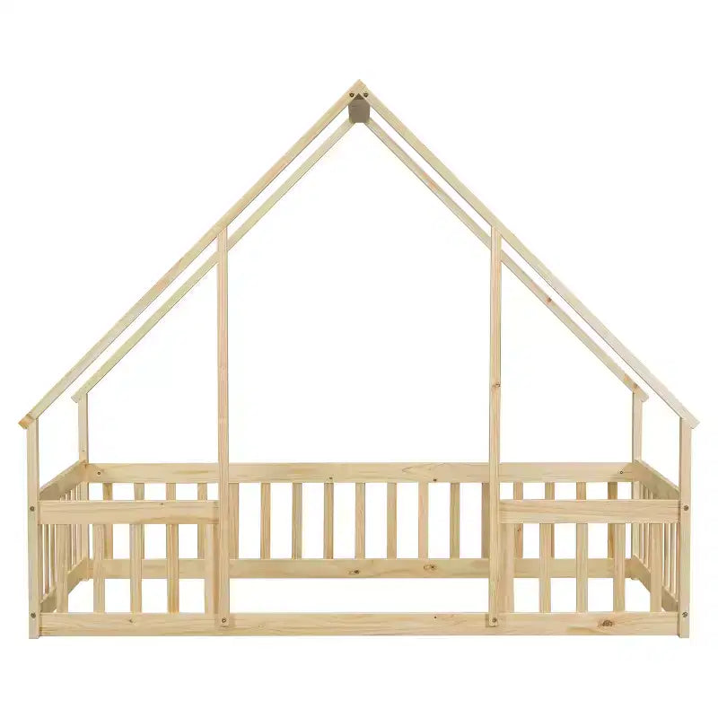 Lit de sol de style maison avec barrières de sécurité, jumeau, gris/naturel/blanc, pour 1 enfant