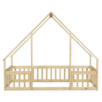 Lit de sol de style maison avec barrières de sécurité, jumeau, gris/naturel/blanc, pour 1 enfant