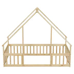 Lit de sol de style maison avec barrières de sécurité, jumeau, gris/naturel/blanc, pour 1 enfant
