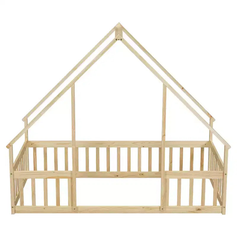 Lit de sol de style maison avec barrières de sécurité, jumeau, gris/naturel/blanc, pour 1 enfant