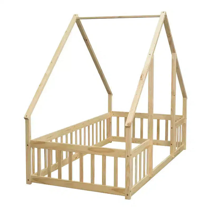 Lit de sol de style maison avec barrières de sécurité, jumeau, gris/naturel/blanc, pour 1 enfant