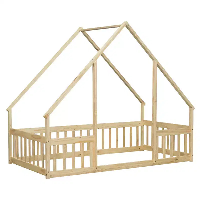 Lit de sol de style maison avec barrières de sécurité, jumeau, gris/naturel/blanc, pour 1 enfant