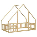 Lit de sol de style maison avec barrières de sécurité, jumeau, gris/naturel/blanc, pour 1 enfant