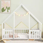 Lit de sol de style maison avec barrières de sécurité, jumeau, gris/naturel/blanc, pour 1 enfant