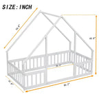 Lit de sol de style maison avec barrières de sécurité, jumeau, gris/naturel/blanc, pour 1 enfant