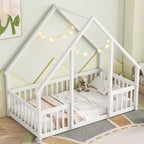 Lit de sol de style maison avec barrières de sécurité, jumeau, gris/naturel/blanc, pour 1 enfant